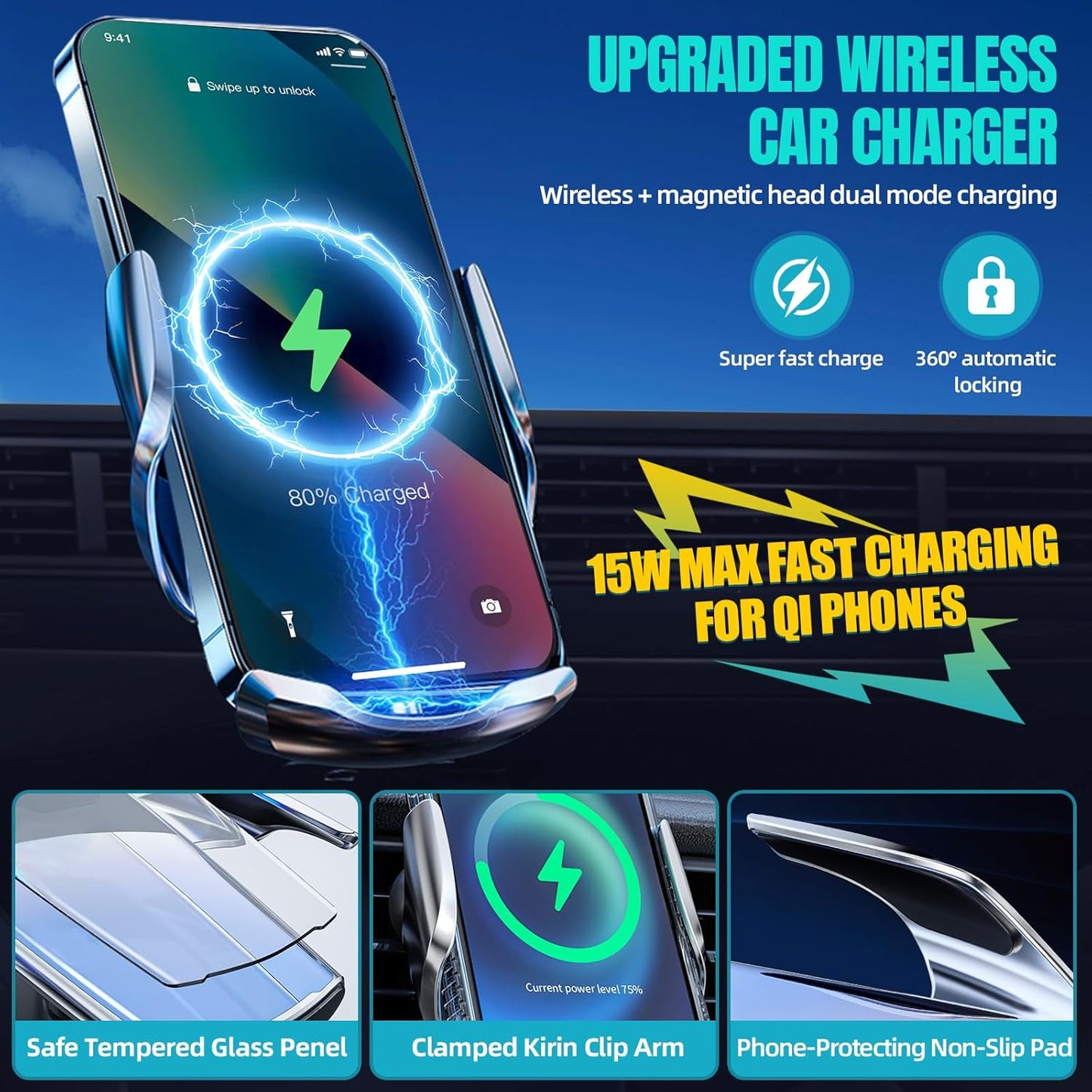 Wireless Car Charger, MAX 15W Fast Charging Auto Clamping, Sensing Phone Holder Mount, fit for iPhone 16 15 14 13 12 Pro Max Xs X, Samsung Galaxy S24 Ultra S23 S22 S21 S20 Note20 (1-Silver)