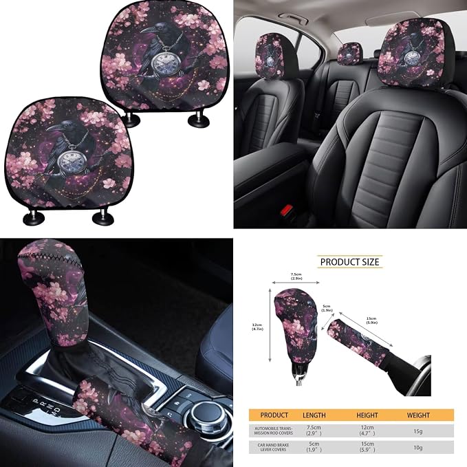 Purple Floral Moon Raven Car Seat Covers Full Set for Women Floral Car Accessories Steering Wheel Cover Seatbelt Pad Coasters Trash Can Car Headrest Pillow Covers Armrest Pad
