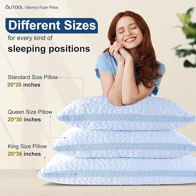 QUTOOL Enhanced Cooling Pillows for Sleeping, CertiPUR-US Shredded Memory Foam Pillows Standard Size Set of 1 for Hot Sleeper, Adjustable Pillow for Side, Back, Stomach Sleepers Support Yet Soft, Blue