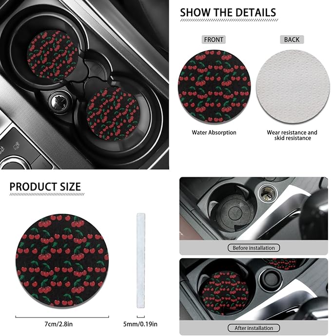 Wanyint Cherry Print 12 Pack Car Seat Cover Full Set for Women Men, with Steering Wheel Cover Seat Belt Pad Armrest Pad Handbrake Cover Gear Shift Cover Washable Cup Coaster Holder Auto Accessories