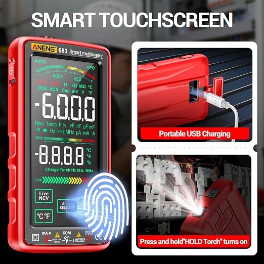 Smart Multimeter, Digital Multimeter Tester with Touch Screen 6000 Counts Auto Ranging Rechargeable A Reverse Display NCV Tester with Flashlight for Electricians, DIY (Red)