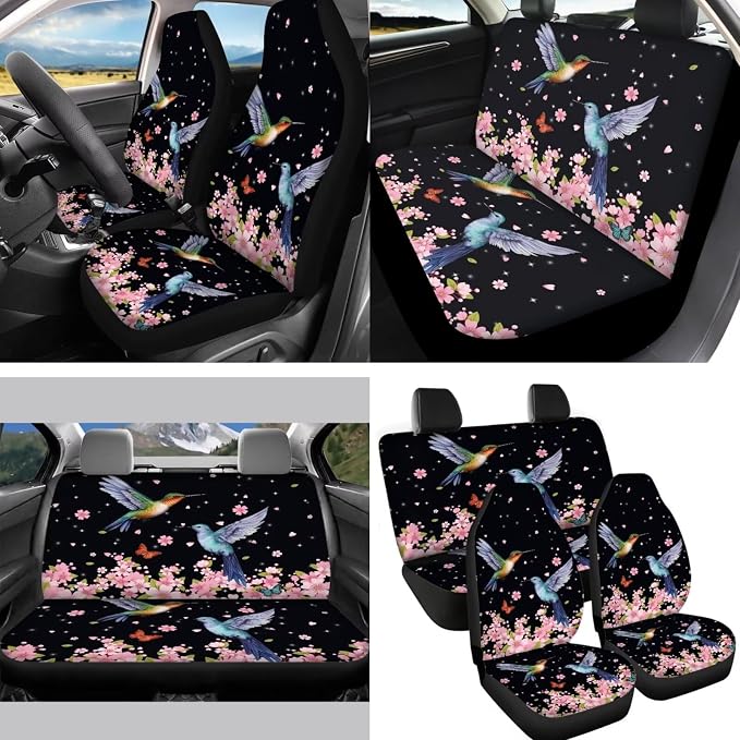 Hummingbirds Car Seat Cover Back Seat Protection Cover Accessory 14 Piece with Absorbent Coaster+Auto Rear View Mirror Cover+Keychain+Steering Wheel Cover+Gear Shift Knob Handbreak Pads