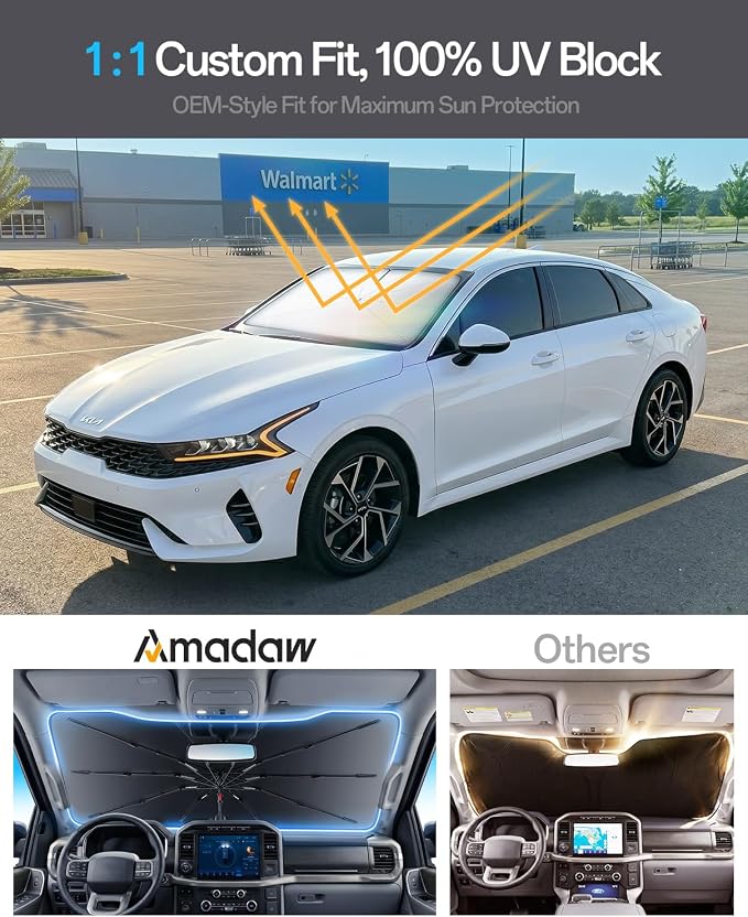 Windshield Sun Shade for Kia K5 2021–2026, Foldable Umbrella Sunshade with 100% UV Block, Multi-Layer Heat Insulation, Reinforced 10-Rib Frame, Keeps Car Cooler, Summer Car Accessory