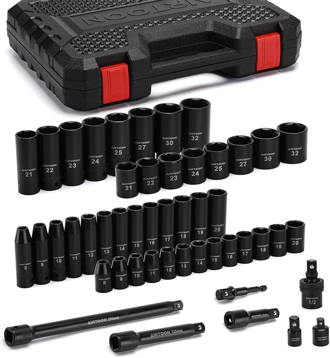 1/2-Inch Drive Impact Socket Set, 49 Piece Deep & Shallow Metric Socket Set 8mm to 32mm, 6 Point, CR-V Steel for Auto Repair, Easy-to-Read Size Markings, Rugged Construction, Storage Case