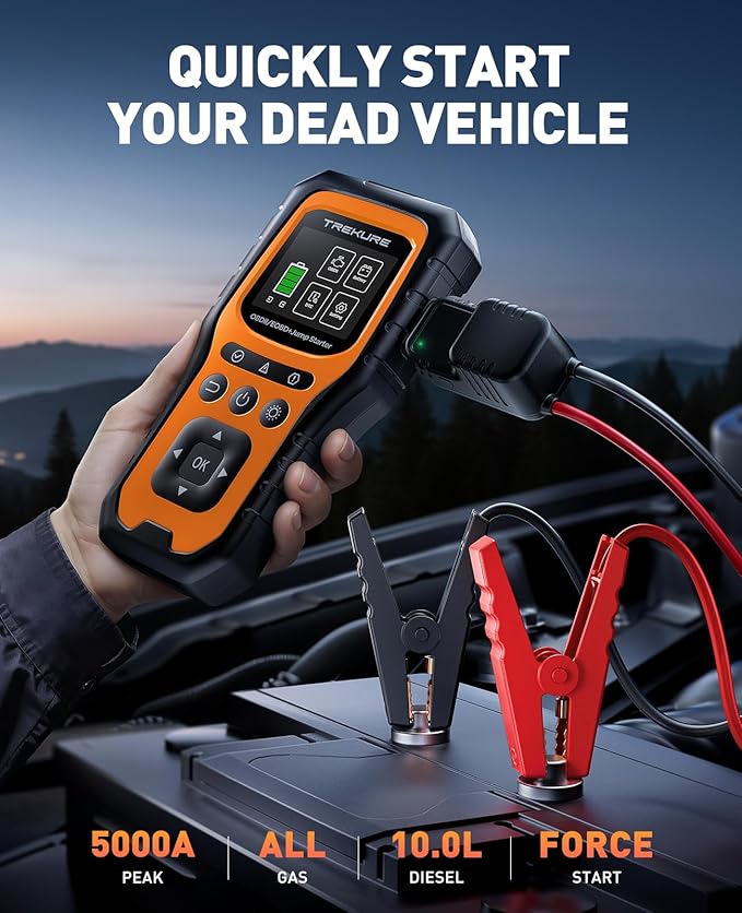Car Battery Jump Starter with OBD2 Scanner 5000A, Car Battery Jumper Starter Portable (All Gas/10L Diesel), 12V Jump Box Jumper Cables, Code Reader for Check Engine Light, Diagnostic Tool