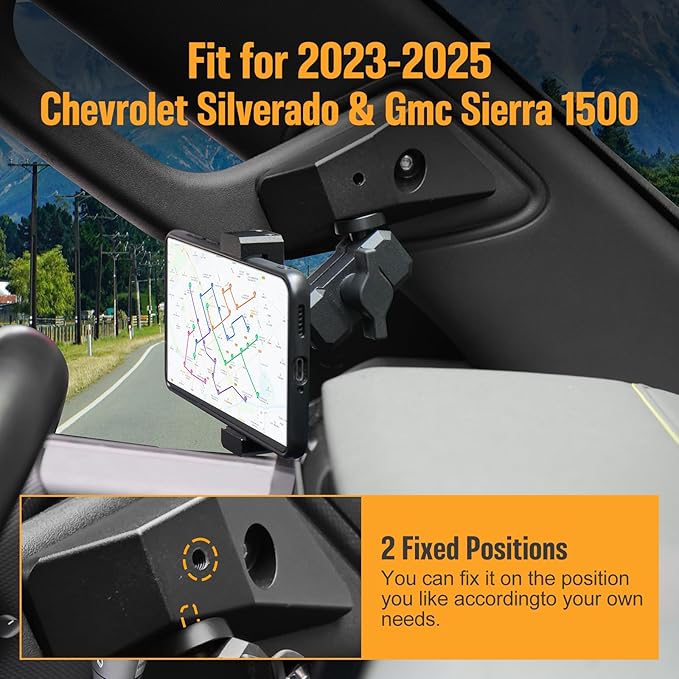 FUNY Dashboard Left Side Phone Holder Mount Compatible with 2023 2024 2025 Chevrolet Silverado & Gmc Sierra 1500, Anti-Shake Stabilizer Custom Adjustable Cell Phone Holder, Aluminum Alloy
