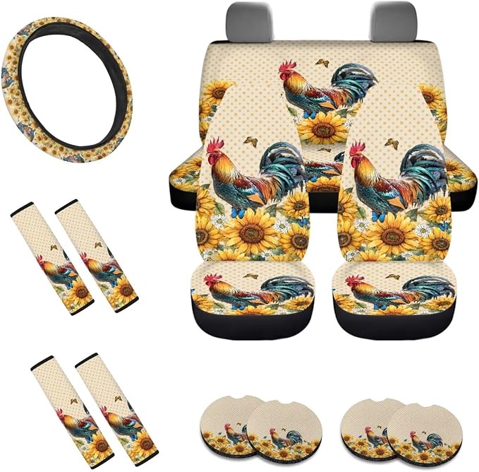 Rooster Chicken Sunflower Butterfly Print Car Interior Accessories Set of 13, 4 PCS Auto Front and Back Seat Covers, 1 Steering Wheel Cover, Seat Belt Pads Set of 4, 4 Pieces Cup Coasters