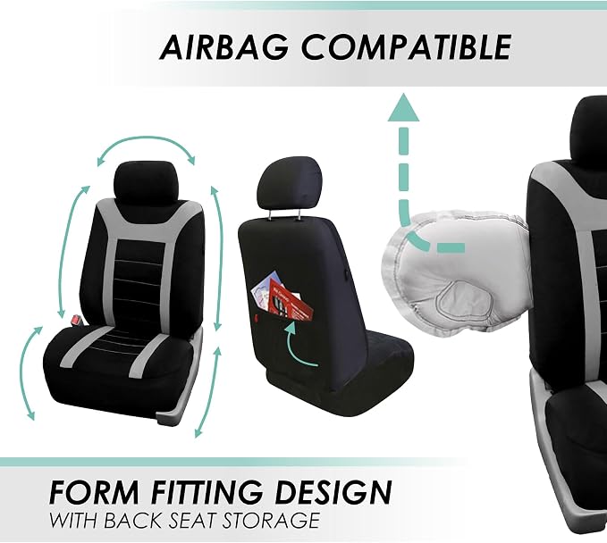 FH Group Car Seat Covers Universal Fit Full Set Interior Accessories, Sports Gray Seat Covers with Airbag and Split Rear Automotive Combo Vinyl Floor Mats Seat Covers for Cars Vans Trucks and SUV
