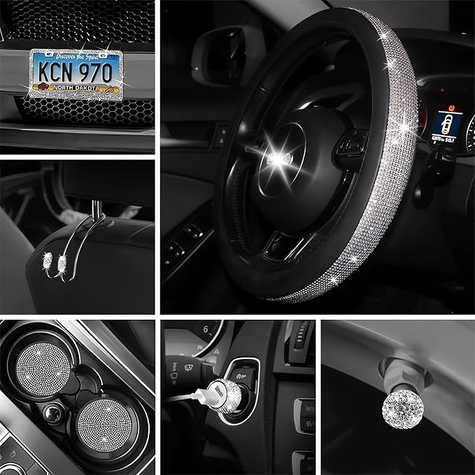 Guoord 12 PCs Bling Car Accessories Set for Women, Steering Wheel Covers Universal Fit 15in, License Plate Frame, Valve Stem Caps, Bling Car Coasters