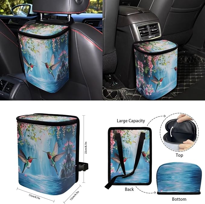 15 Pcs Blue Hummingbird Floral Car Seat Cover Full Set for Women with Car Steering Wheel Cover Seat Belt Cover Trash Bin Front Rear View Mirror Car Cup Holder Keychain