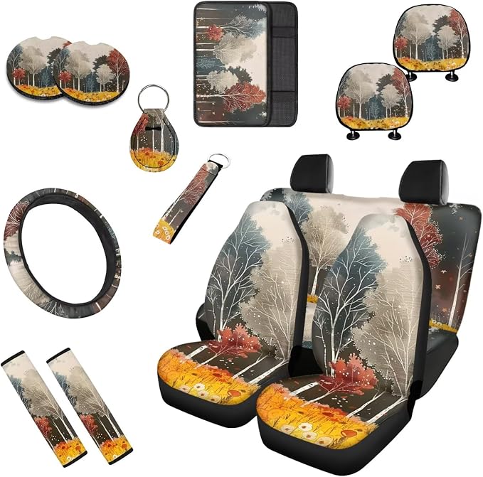 Retro Forest 13 PCS Car Seat Covers Full Set Vintage Hand Drawn Forest Car Front Back Seat Cover Daisy Flower Steering Wheel Cover Belt Shoulder Fit Auto SUV Trucks