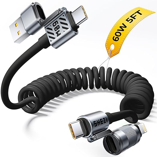Coiled Black Cable 4-in-1 USB C Cable 60W Compatible with Lightning Cable Fast Charging & Data Transfer, Support to CarPlay & Android Auto, 5FT Multi Cord Combo Charger for iPhone/iPad