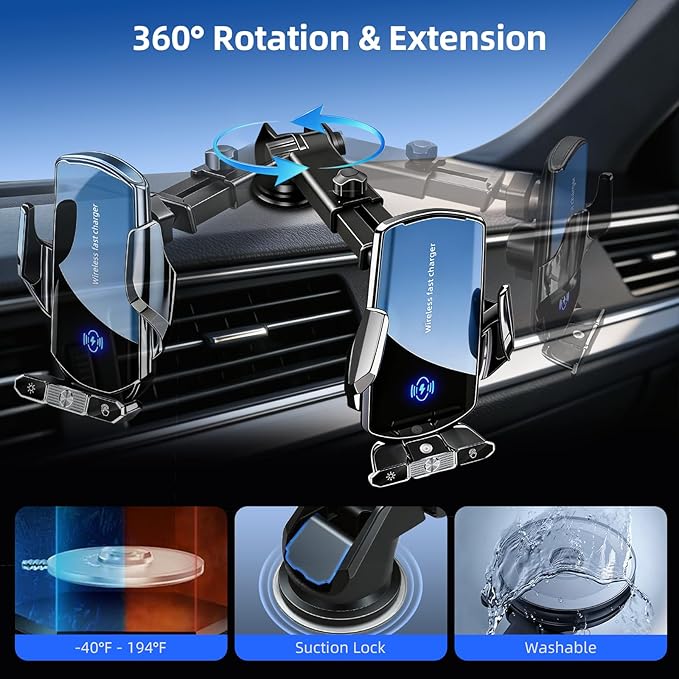 Car Phone Holder,Car Mount Charger,15W Wireless Charging & 10W Magnetic Charging(3 Connectors),Auto-Clamping Hands Free,Suction Cup Mount for Windshield,Mirror & Screen,Car Accessories & Gift