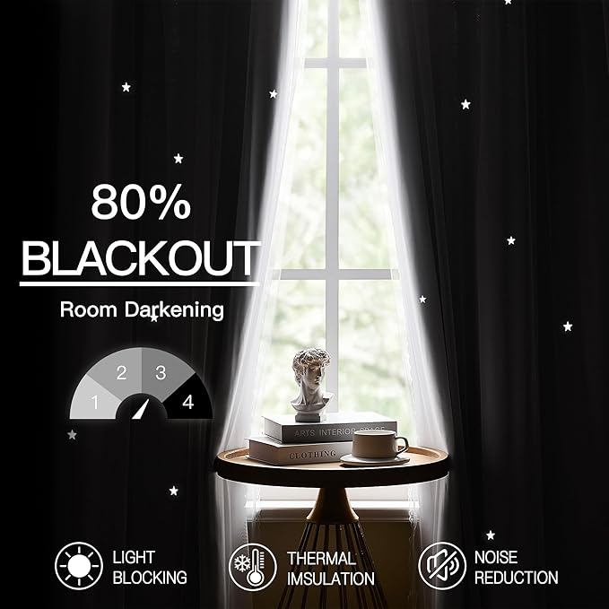 XiDi White Curtains with Sheer Overlay for Girls Bedroom 2 Panels Blackout Double Layer Curtains 63 Inches Length for Kids Princess Nursery Room Star Cut Out Home Decor Grommet Window Drapes W52 X L63