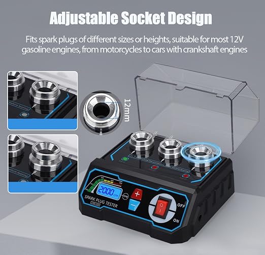3-Hole Spark Plug Tester, Automotive Engine Ignition Coil Tester with LCD Display, Adjustable 200-9000RPM, Adjustable Socket Spark Plug Gap Tool for 12V Gasoline Vehicles