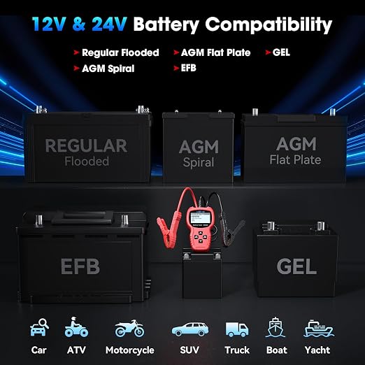 MA500 Car Battery Tester, 9V - 30V Digital Automotive Alternator Meter Diagnostic Tool 100-2000 CCA Load Capacity Auto Charging & Cranking Analyzer for Car Truck Motorcycle Boat RV ATV Yacht