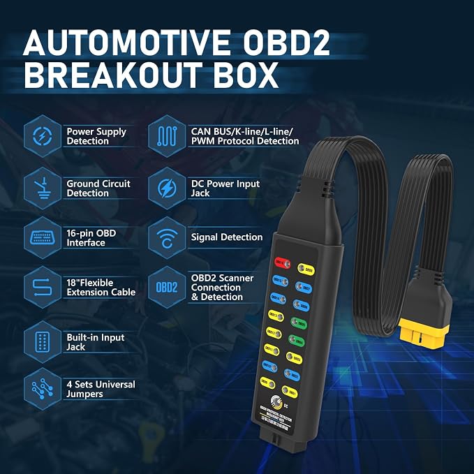 OBD2 Breakout Box 16-Pin CAN 17.7 inches Cable Fault Diagnosis Scan Tool & Dual-Port Manometer HVAC with 7 Adapters, 6 Units Switch, Data Hold & Backlit Display Screen
