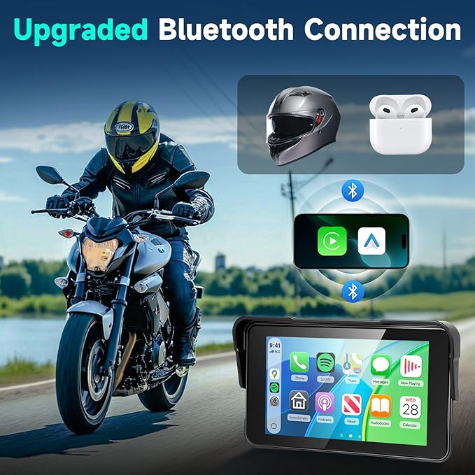 5 Inch Motorcycle CarPlay Screen with TPMS Sensors, Wireless Android Auto, Handlebar Control Power Cable, IP68 Waterproof Portable Motorcycle GPS Display