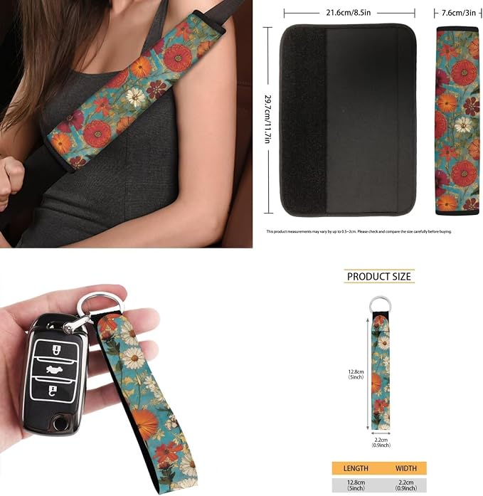 Colorful Flower 15 PCS Car Seat Cover Set with Auto Steering Wheel Cover Seat Belt Strap Protector Cup Holder Trash Bag Rear View Mirror Protector Keychain