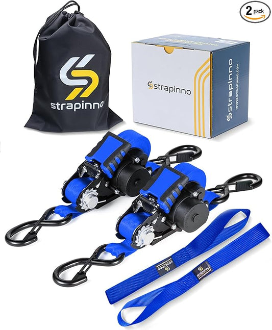 Strapinno Retractable Ratchet Straps - 1 in x 12 ft Heavy Duty Tie Downs, 1800lbs Breaking Strength Each, S Hooks with Safety Clip, AutoRetract, for Moving, Motorcycle, Boat, Kayak, and Cargo (2PCS)