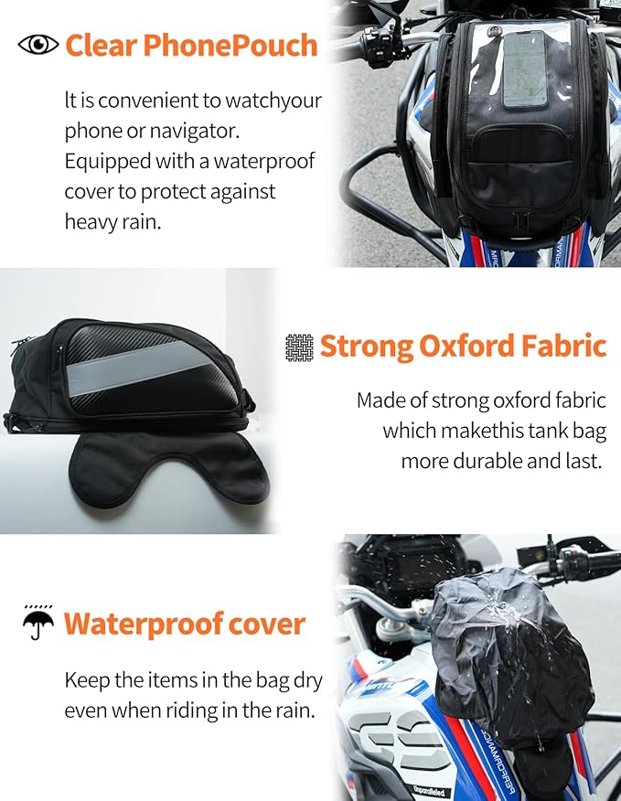 Motorcycle Tank Bag Universal Waterproof Oxford Fabric with Strong Magnetic，Magnetic Tank Bag, fits Harley Davidson, Indian, Honda, Yamaha, Suzuki and more