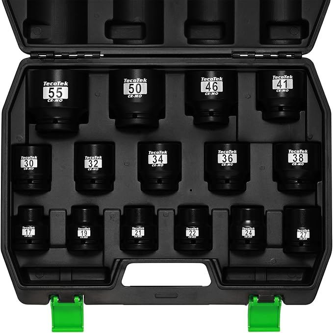 TecoTek 3/4" Drive Shallow 6-Point Impact Socket Set, 15-Piece Heavy Duty Impact Socket Set, CR-MO, Metric (17mm to 55mm), Enhanced Storage Case