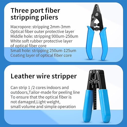 Fiber Optic Termination Tool Kit 11-in-1 Equipped Rechargeable Optical Power Meter L-C7 (-70 - +10 dBm) & VFL, Fiber Cleaver X5 and Wire Stripping Pliers, FTTH Hot melt/Cold Connection Tool Kit