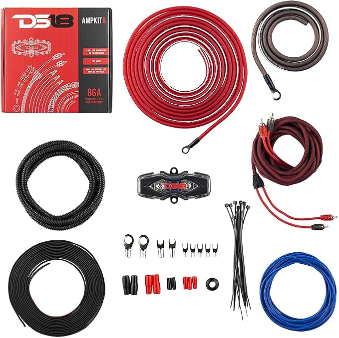 DS18 AMPKIT8 8 Gauge Amp Kit Amplifier Install Wiring 8 Ga Pro Installation Cables, 800 w (8 Gauge)