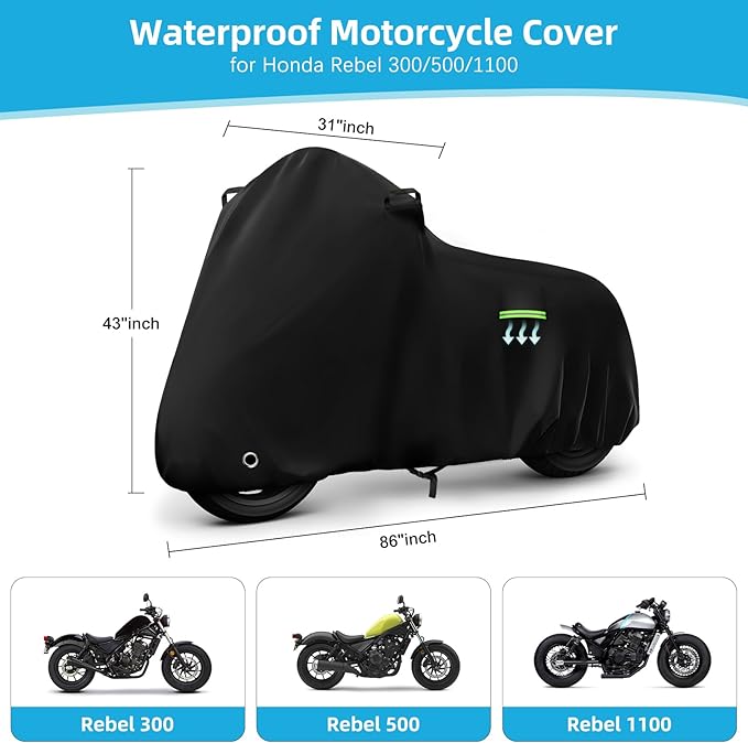 Motorcycle Cover Waterproof for Honda Rebel 300 500 1100, Heavy Duty Outdoor Sun Rain Snow UV Dust All Weather Protection Motorbike Cover with Soft Cotton Lining & Lock Hole