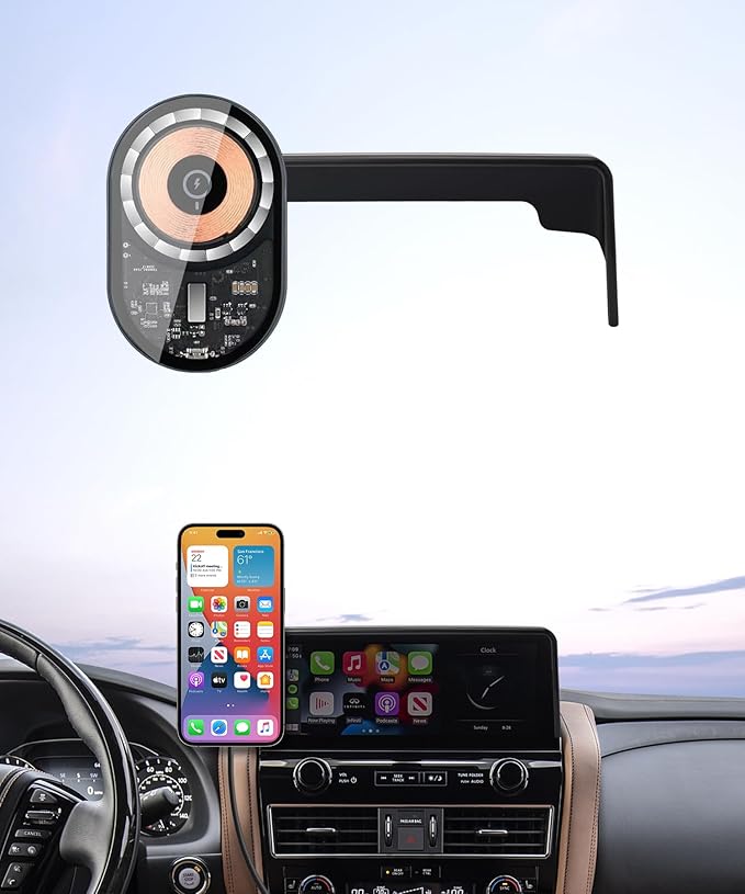 Wireless Charging Car Phone Holder for Nissan Armada 2021-2024 / Infiniti QX80 2022-2024, 12.3" Screen Fixed Clip, 360° Rotation Car Phone Mount Compatible with MagSafe