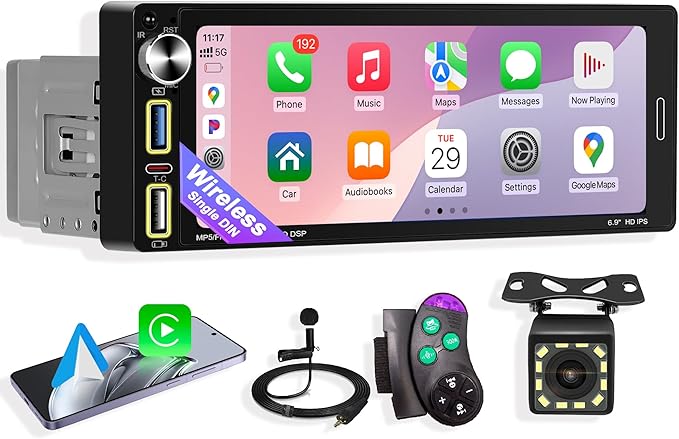 Single Din Car Stereo with Wireless Apple CarPlay & Android Auto, Designed for Older Vehicles, Bluetooth Hands-Free, FM Radio, Backup Camera Support