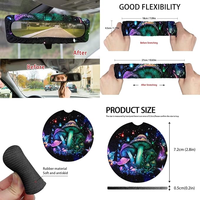 Novelty Mushroom Car Seat Covers Full Set for Women Cute Car Accessories Interior Car Steering Wheel Cover Seatbelt Covers Trash Bin Rear View Mirror Cover Cup Holders Keychain