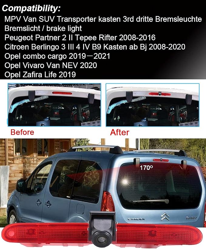 HD Brake Light Rear View Reversing Camera with Angle Adjustable Compatible with Toyota Proace/Citroen Berlingo B9/Opel Combo/Limousine/Peugeot Partner Tepee/Rifter (Camera+7''Monitor)
