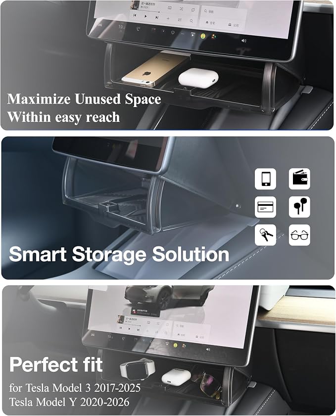 Tesla Hidden Under Screen Storage Box [One-tap Open & Smooth Damping Slides] Center Console Organizer for Model Y Juniper Model 3 Highland 2026~2016 (Fit New Model Y/3 Standard, Premium & Performance