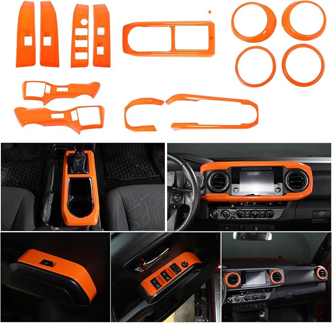Lcojicep 14PCS Full Set Interior Decoration Trim Kit Compatible with Toyot@ Tacoma 2016-2022 Central Control Dashboard Frame Cover Shift Knob Cover Air Vent Trim Cover Window Button Cover (Orange)