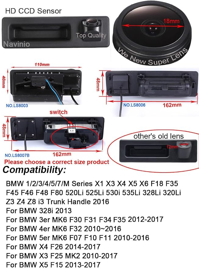 HD IP68 170° Rear View Reverse Trunk Handle Backup Camera Compatible with BMW F18 F35/F45 F46 F48 F80 520Li 525Li 530i 535Li 328Li 320Li/Z3 Z4 Z8 i3 /328i/F30 F31 F34 F32/F07 F10 F11/F26/F25/F15