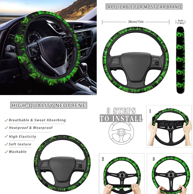 Green Flame Skull Car Interior Accessories Set of 8, Car Seat Covers with Auto Steering Wheel Cover, Center Console Pad, Seat Belt Covers, Automotive Decorations