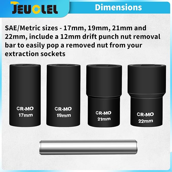 5PCS Twist Lug Nut Socket Set - 1/2 inch Drive Damaged Nut Lock Remover Extractor - Rusted & Strip & Stripped & Stuck Locking Nut Removal Tool Kit with 17mm 19mm 21mm 22mm Sockets