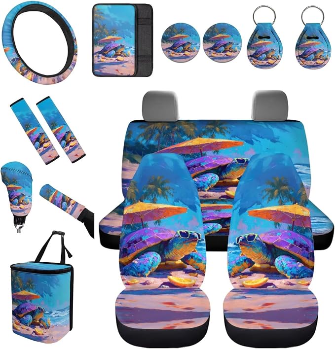Forchrinse 15Pcs Hawaiian Sea Turtle Car Seat Cover Set with Steering Wheel Cover Armrest Shoulder Pads Handbrake Gear Cover Garbage Can Universal Women Auto Interior Accessories