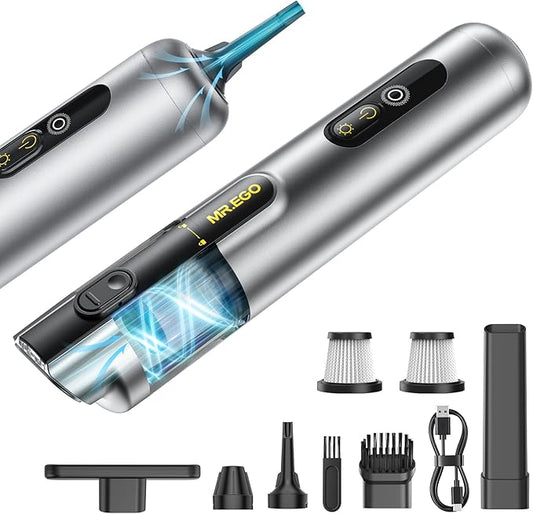 Mr.ego Handheld Car Vacuum Portable Cordless, 4-in-1 Mini Vacuum with 18500Pa Strong Suction, Desk Vacuum Cleaner and Air Duster with Green LED Light for Small Jobs, Car, Home, Keyboards (Silver)