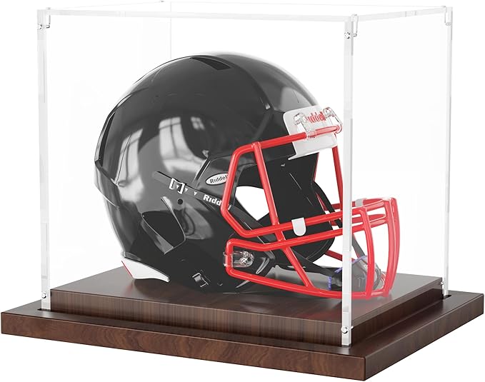 VGMiu Mini Helmet Display Case with Wood Base, Clear Acrylic Football Helmet Display Case Dustproof Box for Helmets, Sports Collectibles, Memorabilia Displays