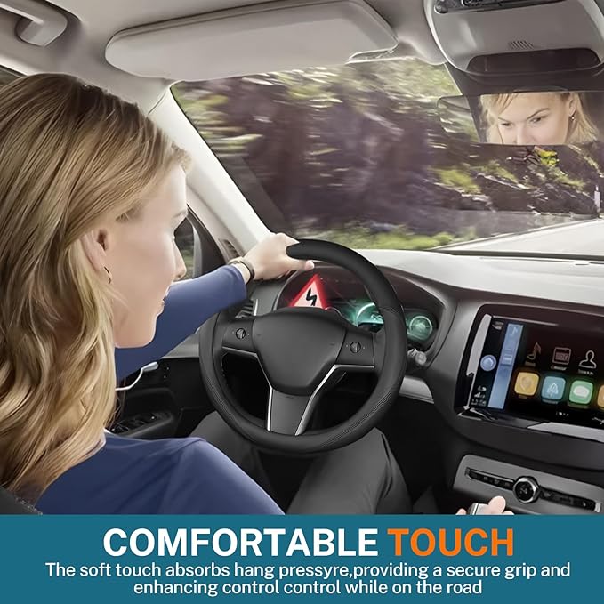 Leather Steering Wheel Cover Custom-Fit for Tesla Model 3/Y 2016-2026, Comfort Grip Design Breathable and Non-Slip, Model 3/Y Car Steering Wheel Protector, Tesla Accessories,Black(A-Style, for Tesla)