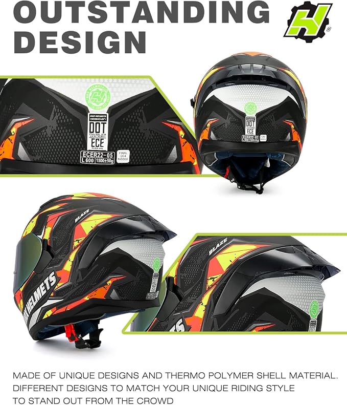 HAX Obsidian Full Face Dual Visor Adult Motorcycle Helmet for Motorbike Street Bike with Pinlock Ready DOT Approved (Blaze Orange,XL)