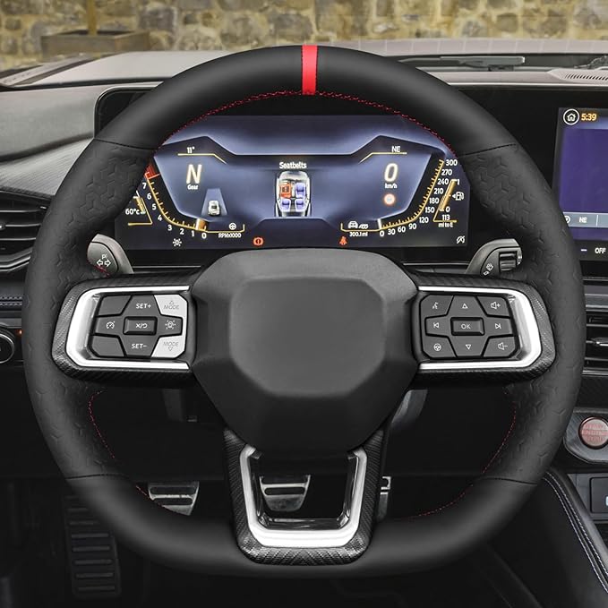 MEWANT Hand Stitch Black Smooth Geom Embossed Artificial Leather Steering Wheel Cover for Ford Mustang 2024