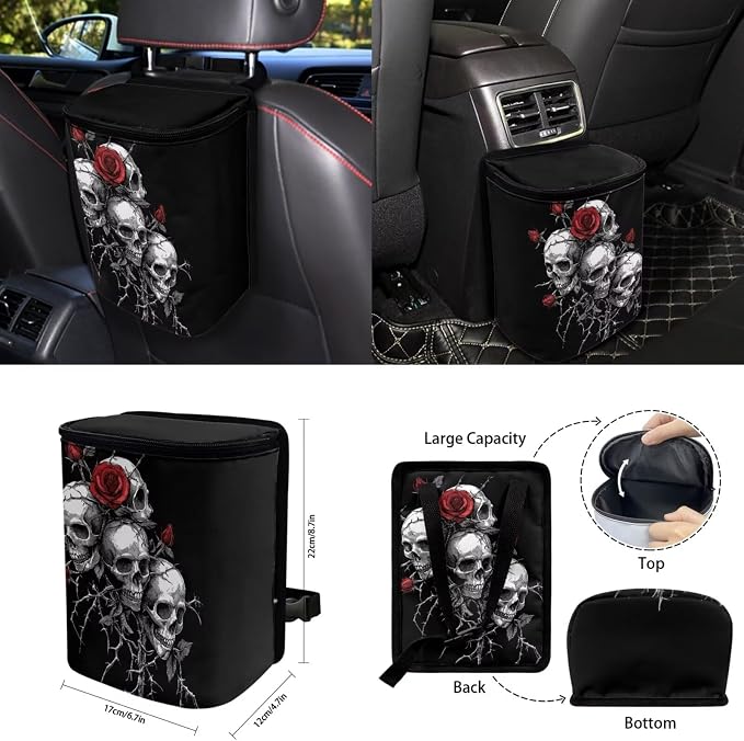 15 Pcs Rose Skeleton Car Seat Covers Full Set for Women Goth Car Accessories Interior Car Steering Wheel Cover Seatbelt Covers Trash Bin Rear View Mirror Cover Cup Holders Keychain