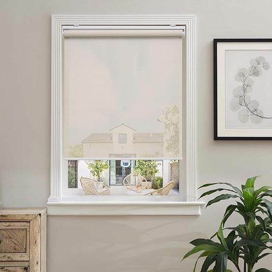 Customize Cordless Roller Shades for Windows Light Filtering Shades with 5% Openness Solar Screen Semi Sheer Roller Blinds UV Protection for Office and Home Beige