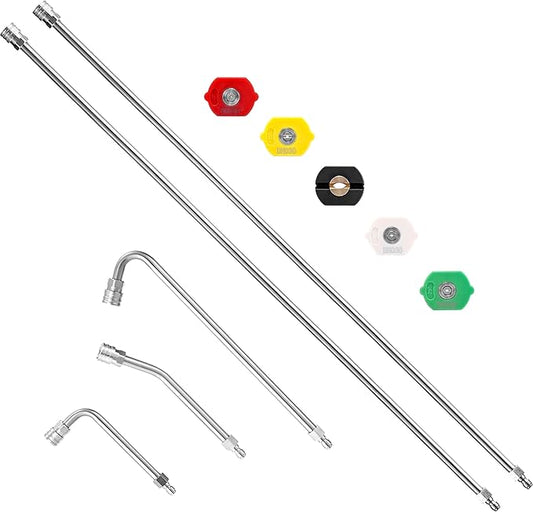 M MINGLE Pressure Washer Extension Wand - 120" Upgrade Power Washer Lance - Pressure Washer Accessories with 5 Nozzle Tips - 30°/90°/120° Curved Rod, 1/4" Quick Connect