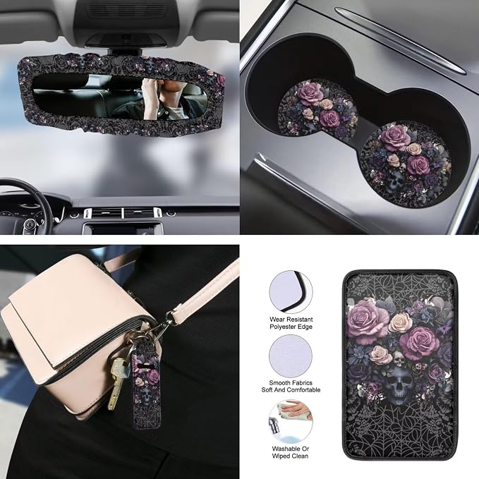 Skull Rose Printed Car Seat Covers Full Set Universal Car Interior Accessories Set Included Steering Wheel Cover Seat Belt Pad Armrest Protector Coaster for Auto, Black