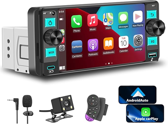 Single Din Car Stereo – Dual Knob Touchscreen Radio with Wireless Apple CarPlay & Android Auto Upgrade Your Classic Car with Easy Installation, Backup Camera Ready, Bluetooth, GPS, FM/AM, USB, EQ