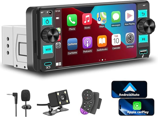 Single Din Car Stereo – Dual Knob Touchscreen Radio with Wireless Apple CarPlay & Android Auto Upgrade Your Classic Car with Easy Installation, Backup Camera Ready, Bluetooth, GPS, FM/AM, USB, EQ